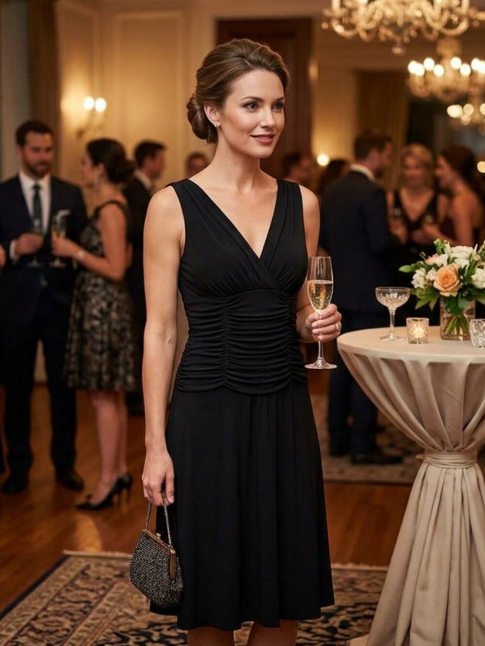 Source Unknown Black Ruched V-Neck Midi Dress